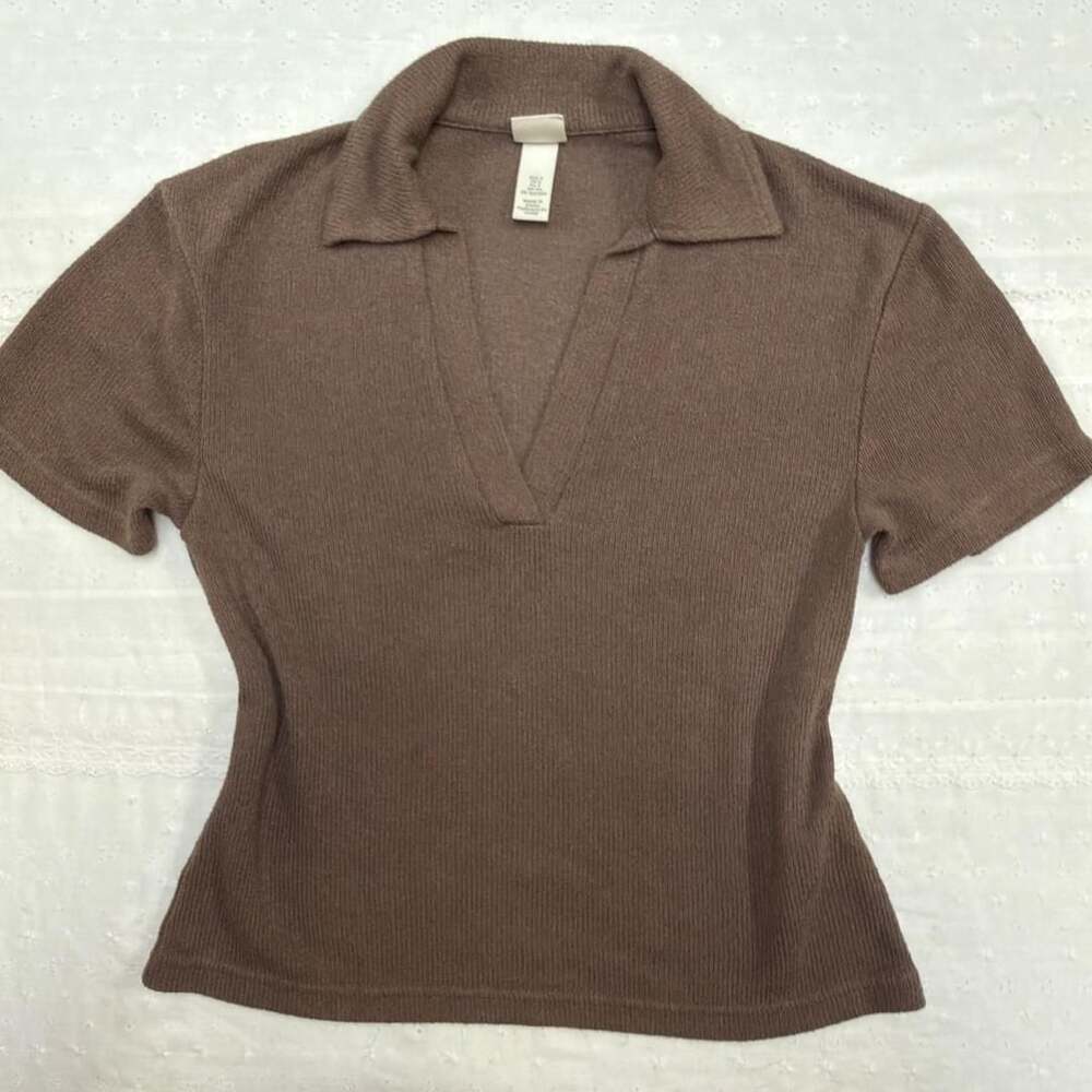 H&M Ribbed Knit Polo Top Size S Brown V-Neck Collared Short Sleeve
